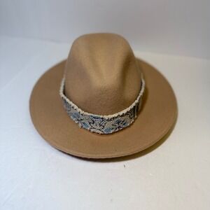 Original Brand Camel Tan 100% Wool Wide Brim Fedora Hat with Tapestry Band